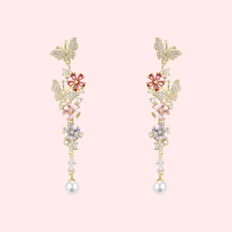 Butterfly flower detachable multicolor zircon pearl earrings with 925 silver needle stud or spiral clip on environmentally friendly brass