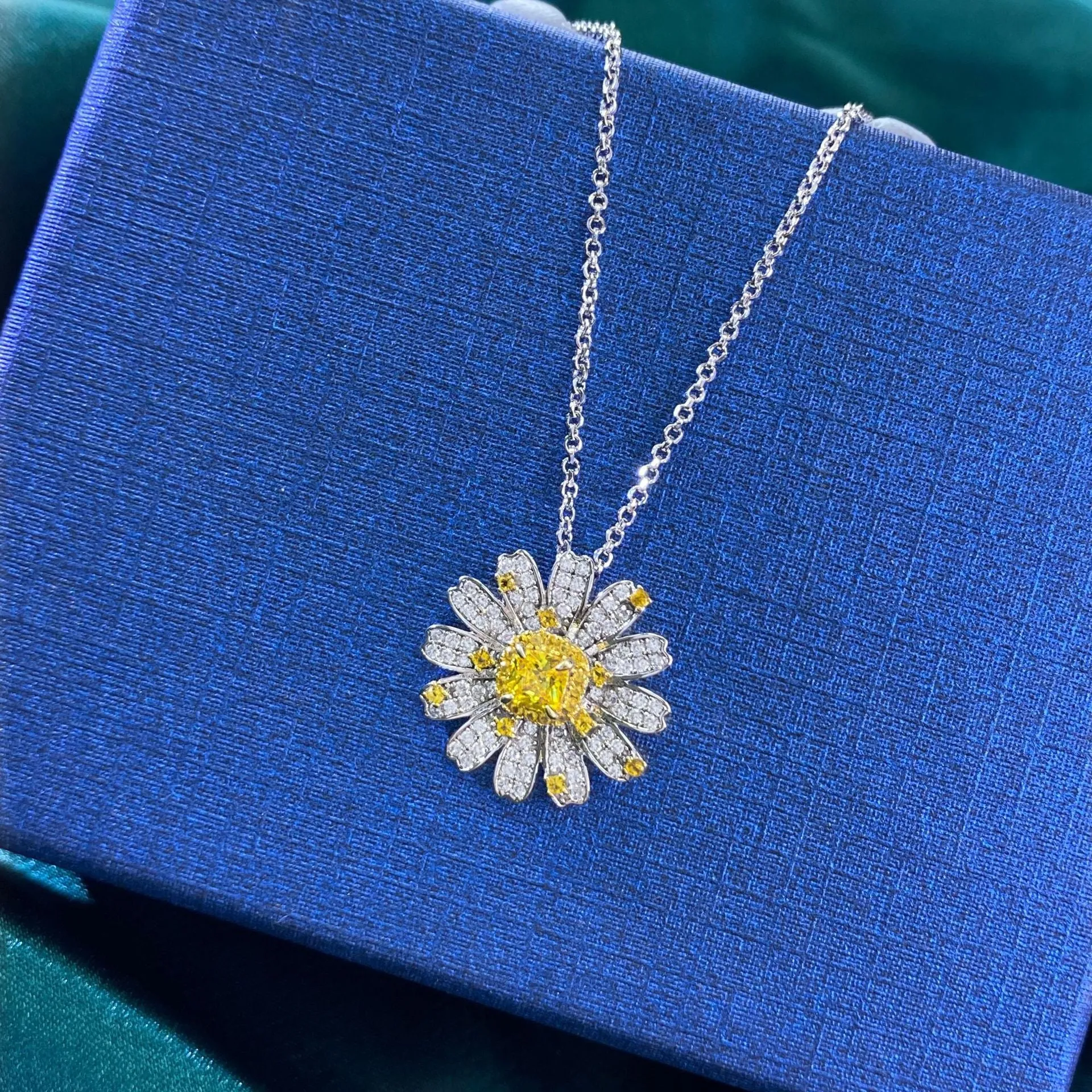 Women's fully-jewelled flower pendant necklace in yellow on silver chain