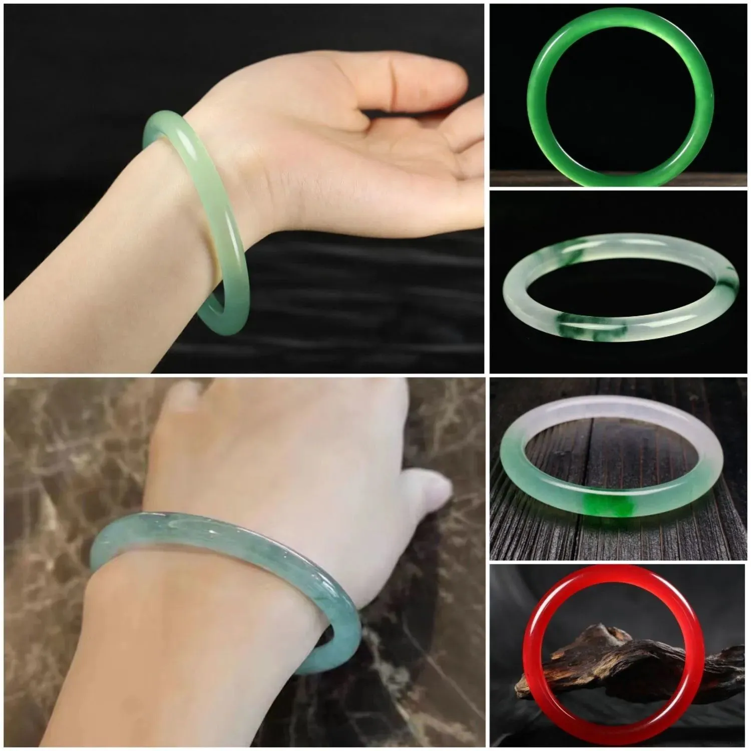 Women's jade bracelet with ice-like emerald appearance and floating flower patterns in multiple colour options