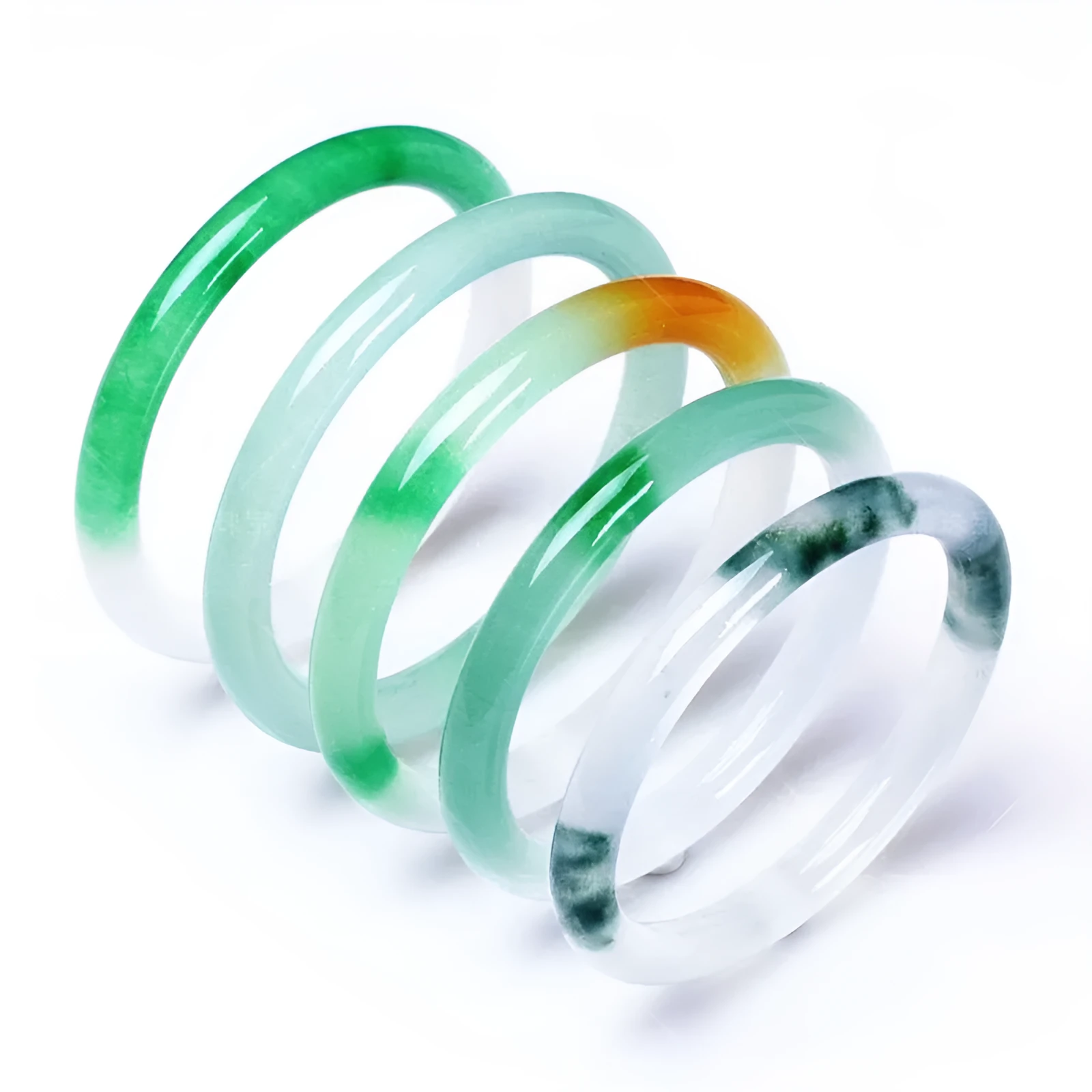 Women's jade bracelet with ice-like emerald appearance and floating flower patterns in multiple colour options
