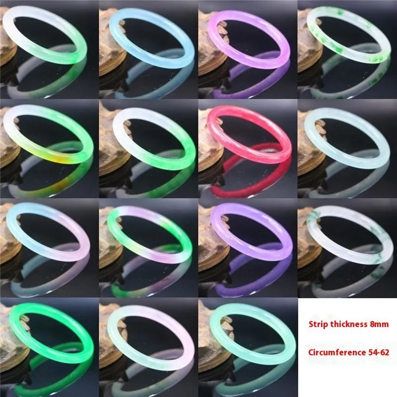Women's jade bracelet with ice-like emerald appearance and floating flower patterns in multiple colour options
