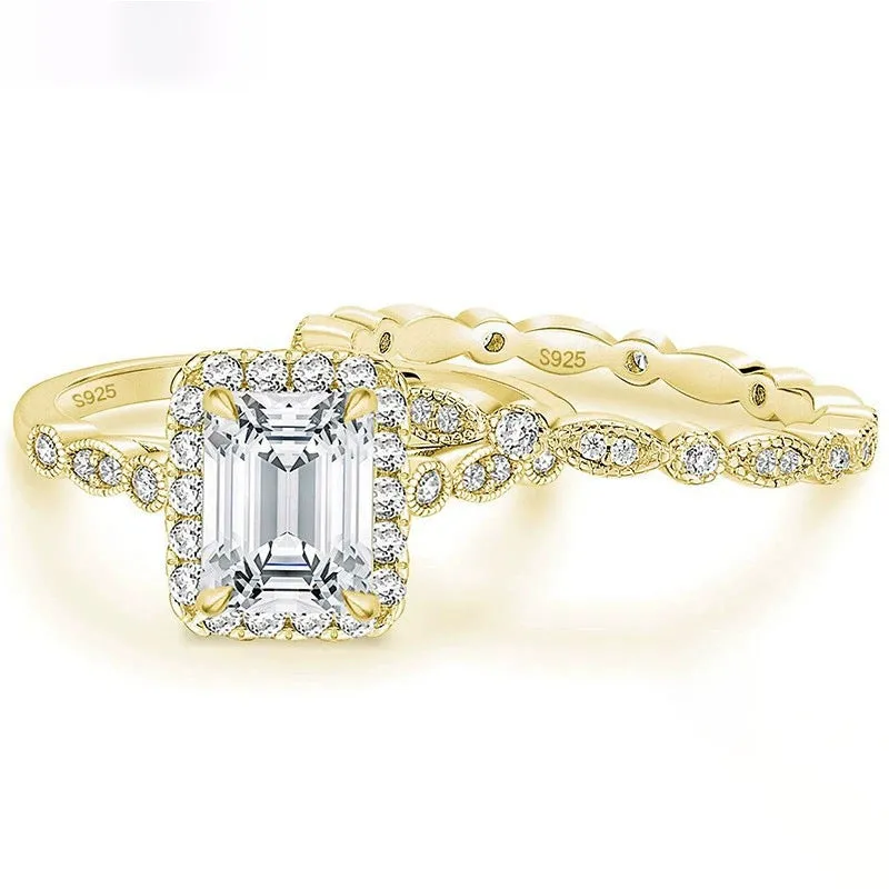 925 sterling silver ring with rectangular zircon inlay in gold finish on white background