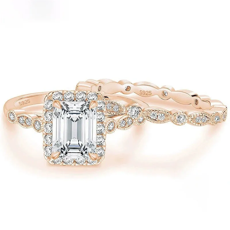 925 sterling silver ring with rectangular zircon inlay in gold finish on white background