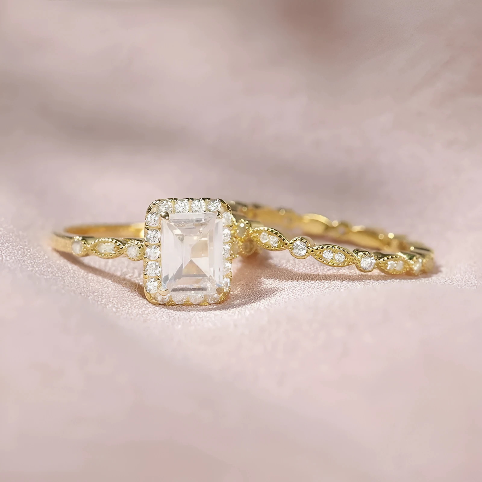925 sterling silver ring with rectangular zircon inlay in gold finish on white background
