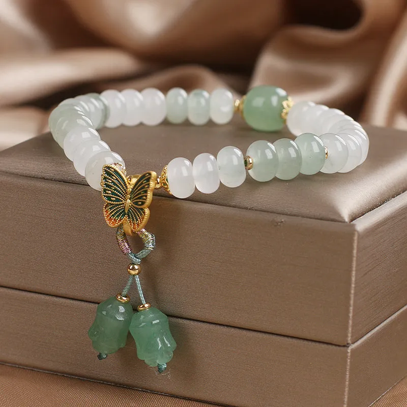 Green abacus beads jade bracelet with retro butterfly tassel and pearl rhinestone decoration