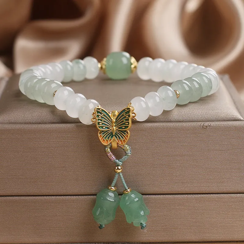 Green abacus beads jade bracelet with retro butterfly tassel and pearl rhinestone decoration