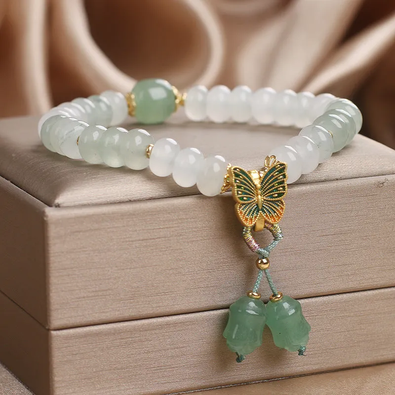 Green abacus beads jade bracelet with retro butterfly tassel and pearl rhinestone decoration