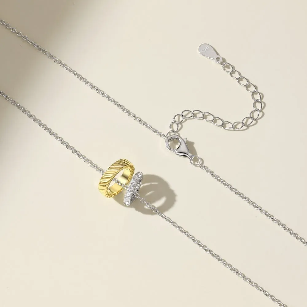 925 silver casual double ring colour matching two-tone necklace for women with round pendant