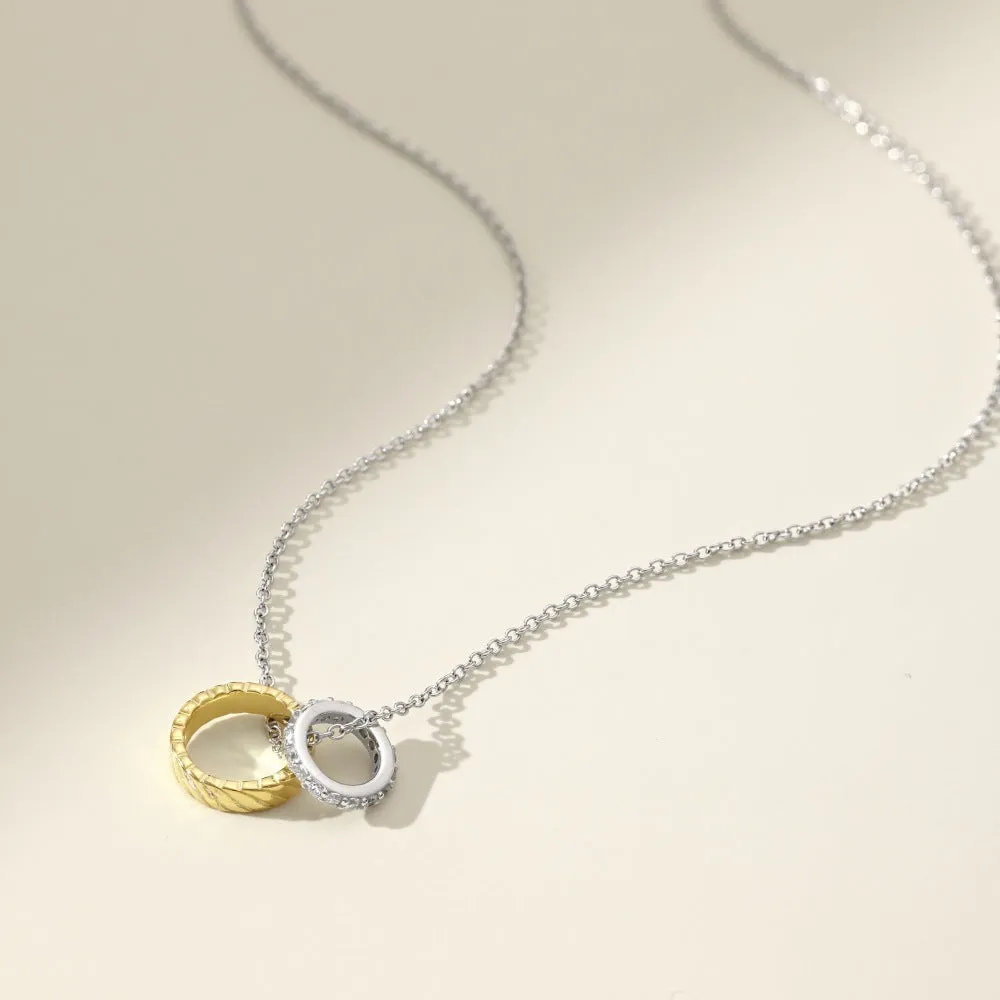 925 silver casual double ring colour matching two-tone necklace for women with round pendant