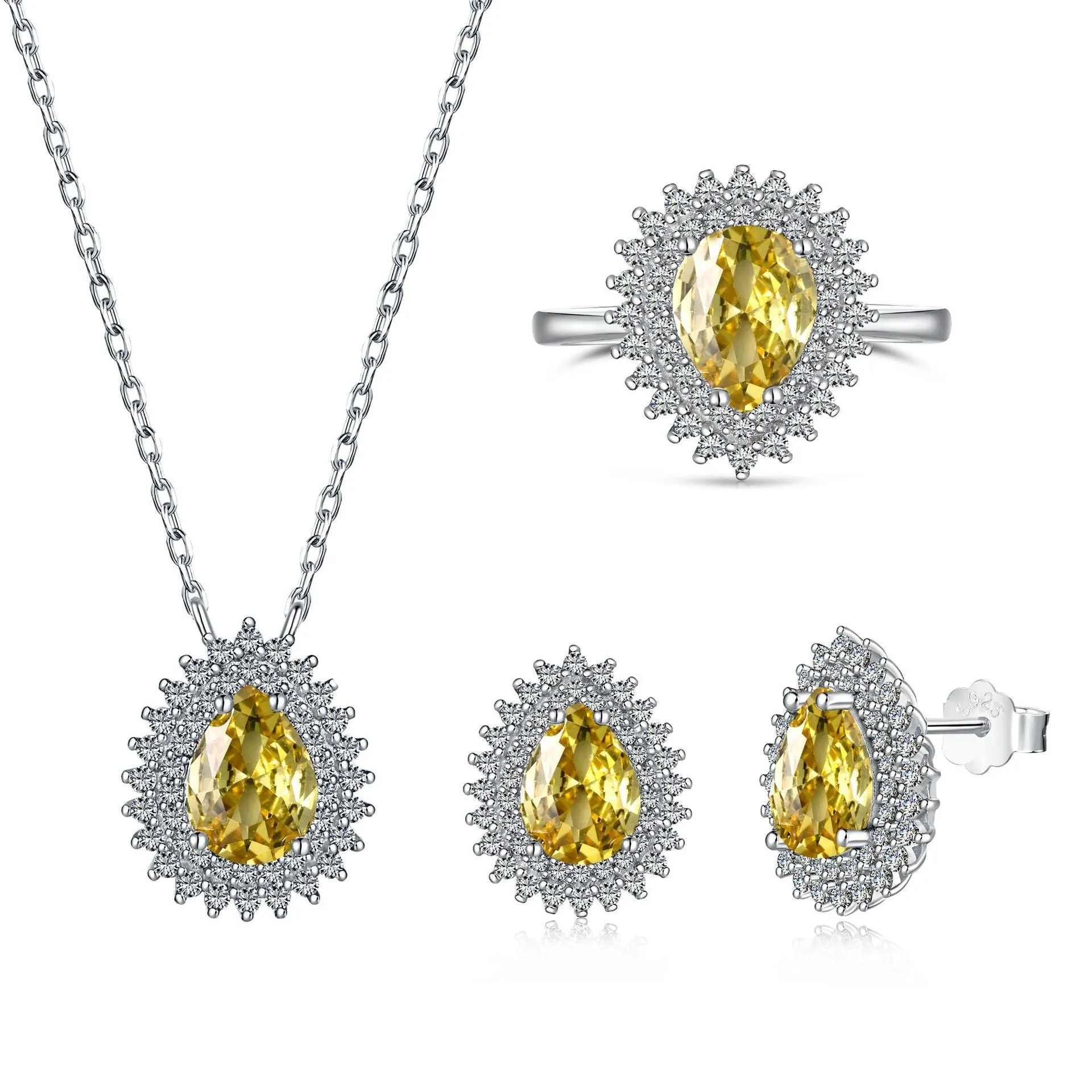 Sterling silver ring set with water droplet motif in gold finish, including necklace, ring, and earrings