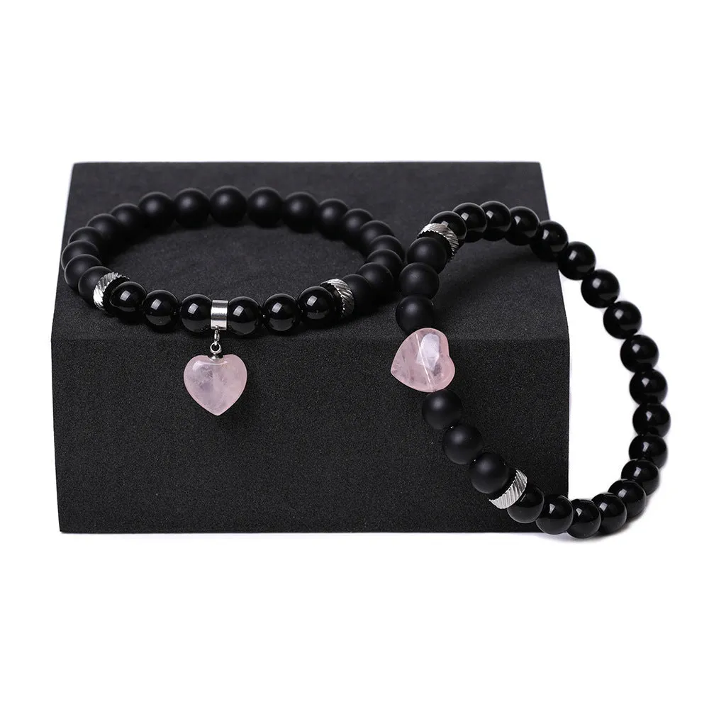 Natural stone couple matching bracelets with polished heart pendants in multiple colour variations