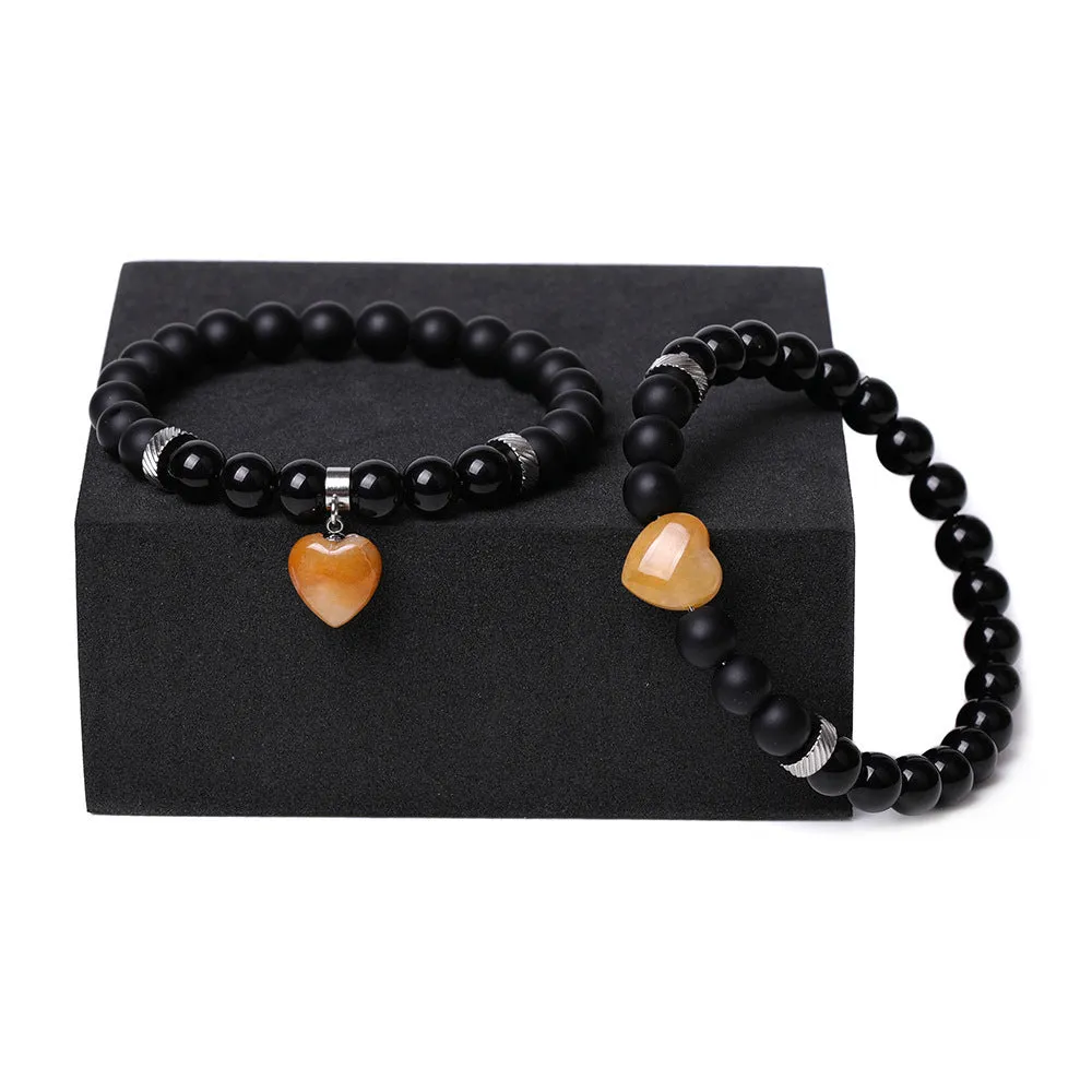 Natural stone couple matching bracelets with polished heart pendants in multiple colour variations