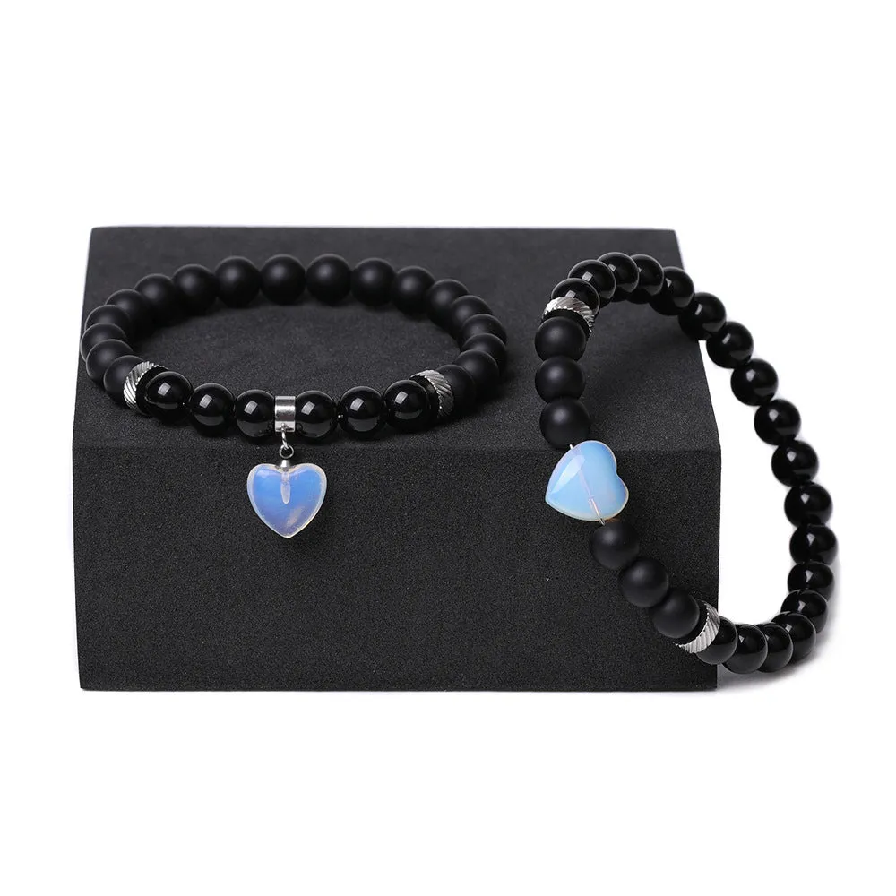 Natural stone couple matching bracelets with polished heart pendants in multiple colour variations