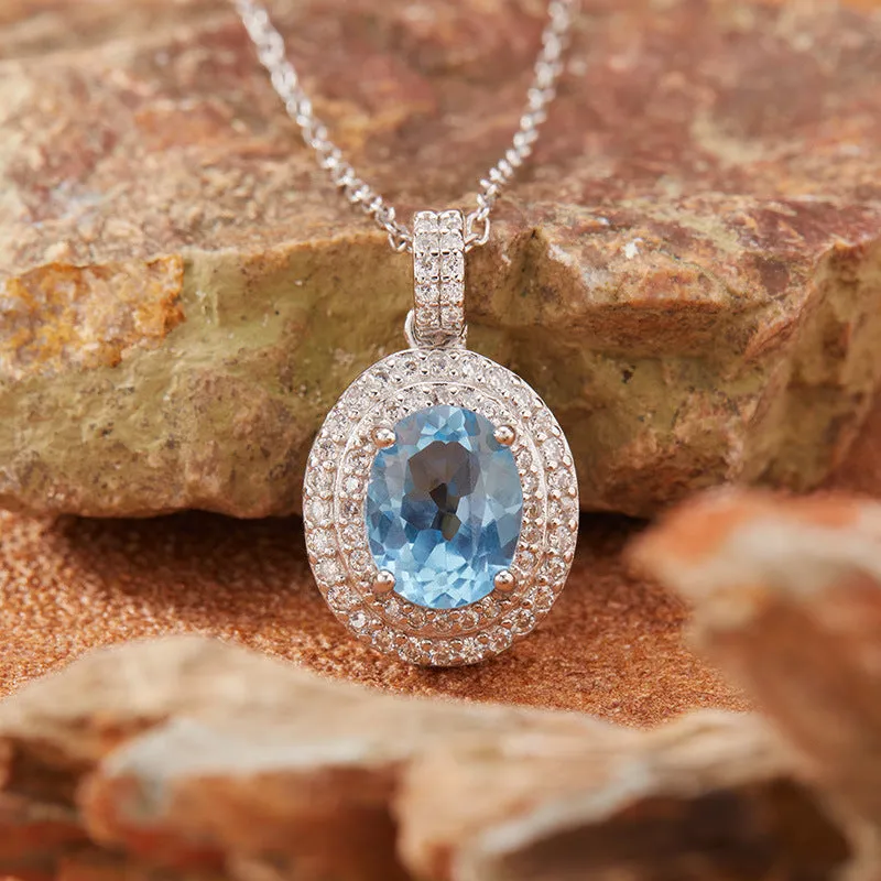 Women's 925 sterling silver necklace with natural citrine gemstone in crystal inlay elliptical pendant on cross chain