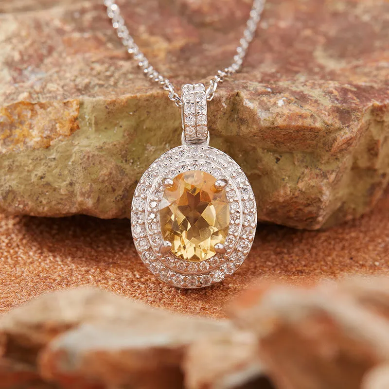 Women's 925 sterling silver necklace with natural citrine gemstone in crystal inlay elliptical pendant on cross chain