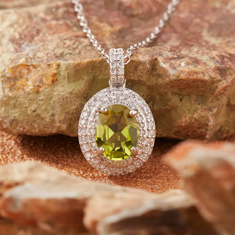 Women's 925 sterling silver necklace with natural citrine gemstone in crystal inlay elliptical pendant on cross chain