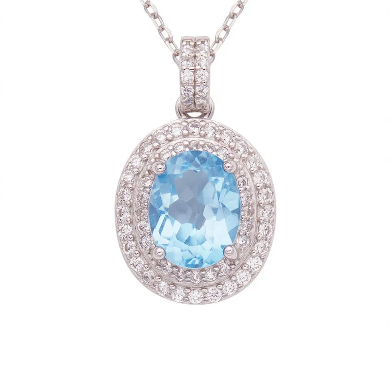 Women's 925 sterling silver necklace with natural citrine gemstone in crystal inlay elliptical pendant on cross chain