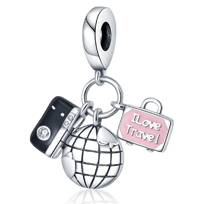 Silver-plated travel bead pendant with copper base, Earth camera emblem, leisure style for casual wear