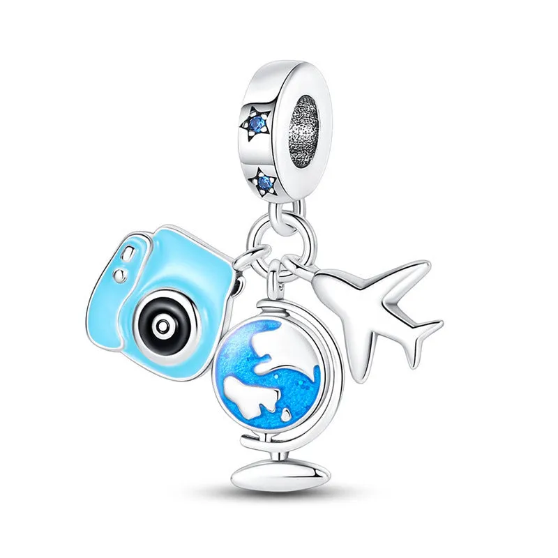 Silver-plated travel bead pendant with copper base, Earth camera emblem, leisure style for casual wear