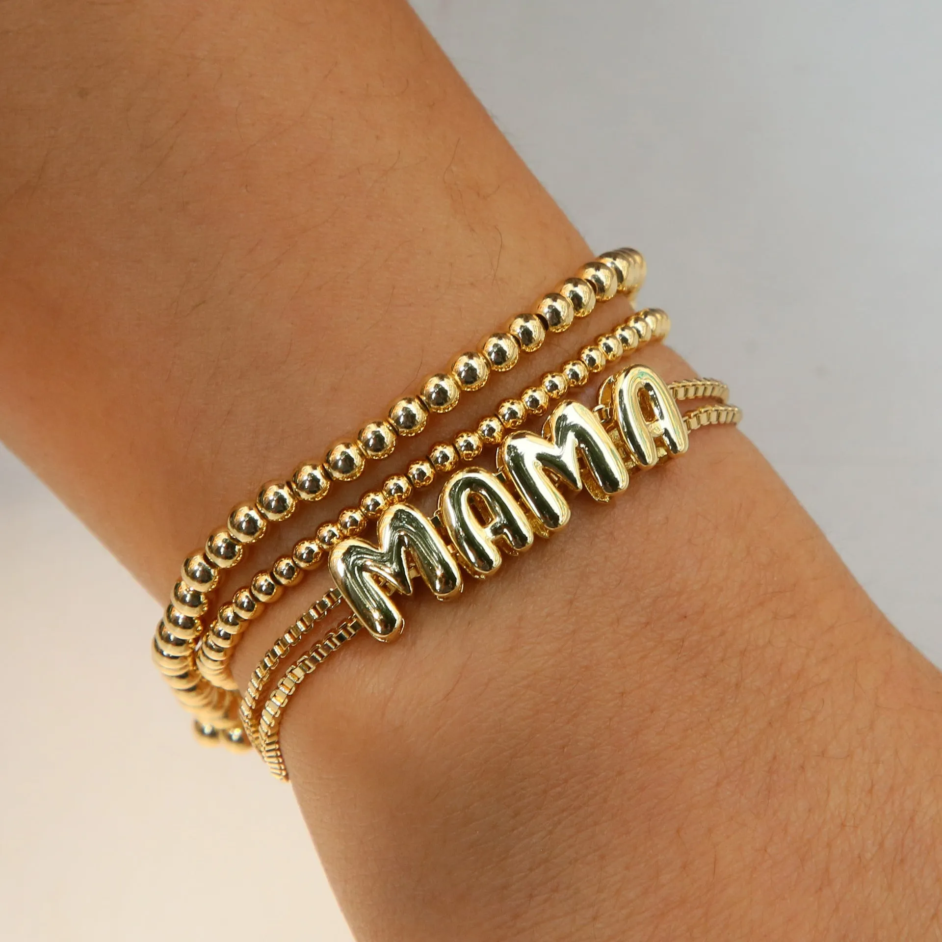 18k electroplated gold DIY letter name bracelet with smooth bubble surface on copper alloy