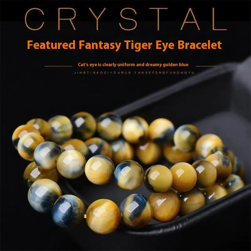 Handmade fantasy tiger eye agate bracelet with geometric round beads in natural stone patterns