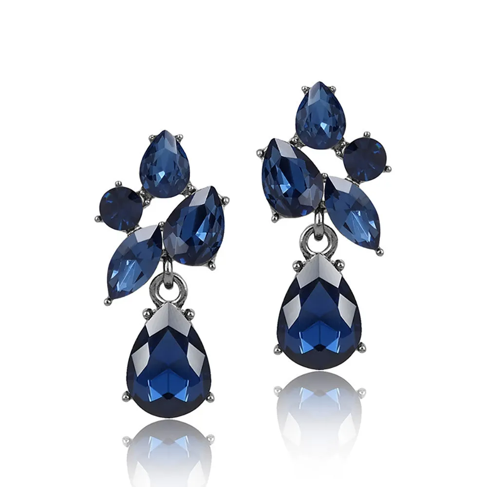 Drop shape glass crystal steel needle earrings in five colours: green, gray, dark blue, yellow, colorful blue