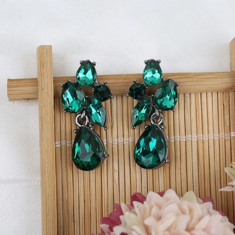Drop shape glass crystal steel needle earrings in five colours: green, gray, dark blue, yellow, colorful blue
