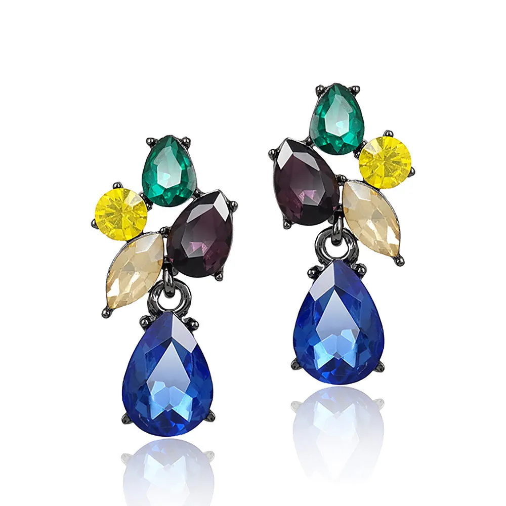 Drop shape glass crystal steel needle earrings in five colours: green, gray, dark blue, yellow, colorful blue
