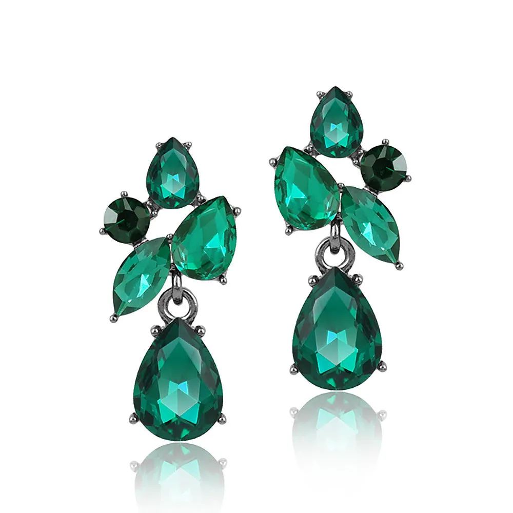 Drop shape glass crystal steel needle earrings in five colours: green, gray, dark blue, yellow, colorful blue