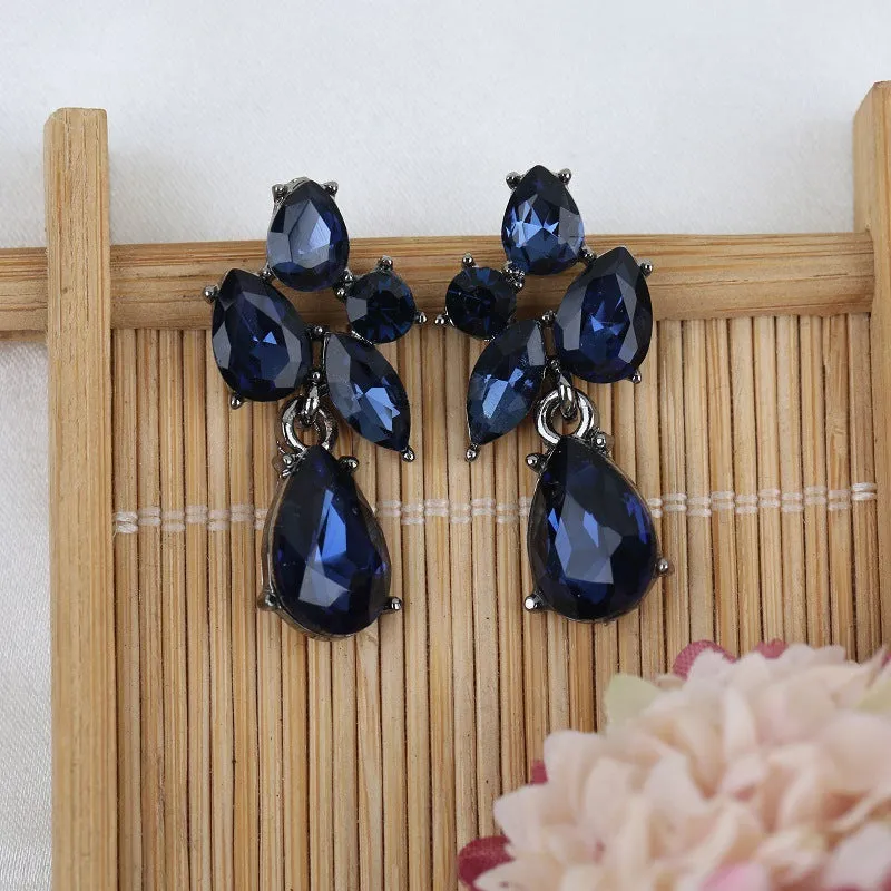 Drop shape glass crystal steel needle earrings in five colours: green, gray, dark blue, yellow, colorful blue