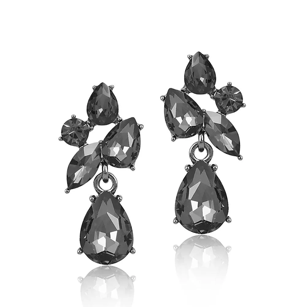 Drop shape glass crystal steel needle earrings in five colours: green, gray, dark blue, yellow, colorful blue
