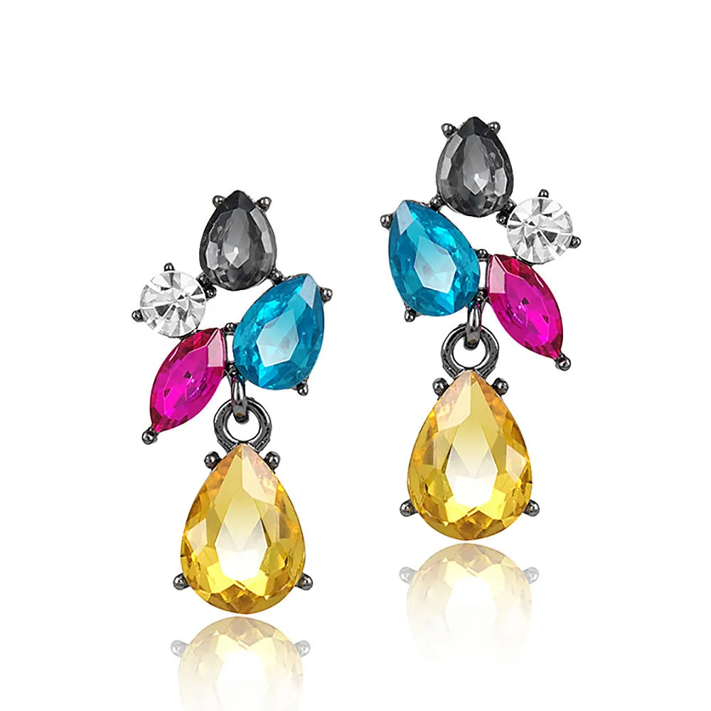 Drop shape glass crystal steel needle earrings in five colours: green, gray, dark blue, yellow, colorful blue