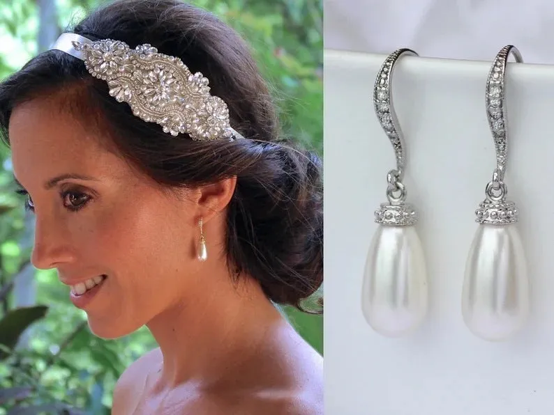 Silver alloy drop earrings with fully-inlaid artificial freshwater pearl and shell pearl surface