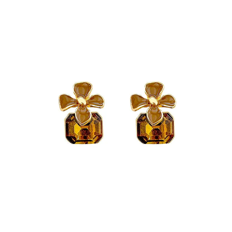 Gold electroplated alloy flower earrings with coffee colour floral motif for women
