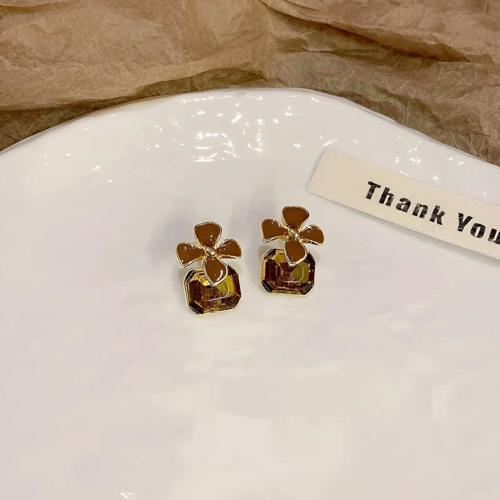 Gold electroplated alloy flower earrings with coffee colour floral motif for women