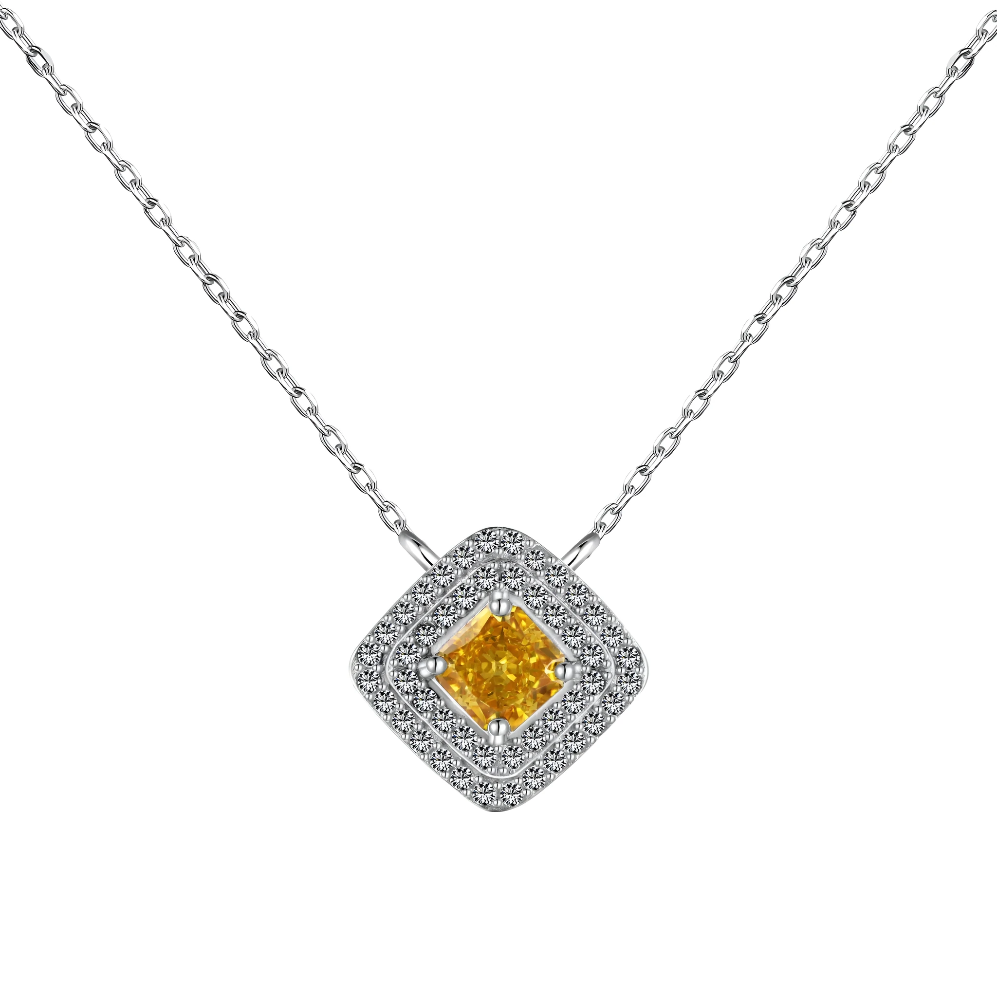 925 silver necklace with 40cm chain and square 13.5mm zircon pendant in ice flower cut