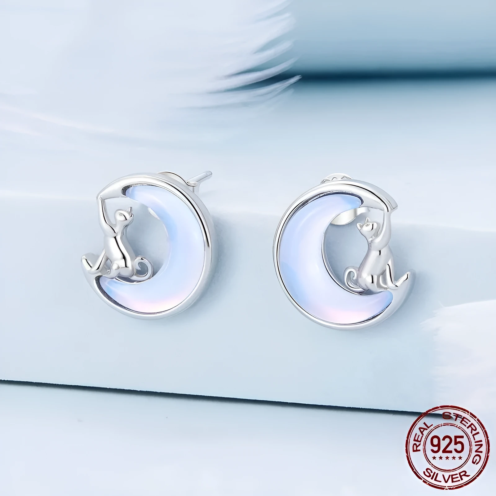 925 silver moon cat stud earrings with cute animal zodiac design
