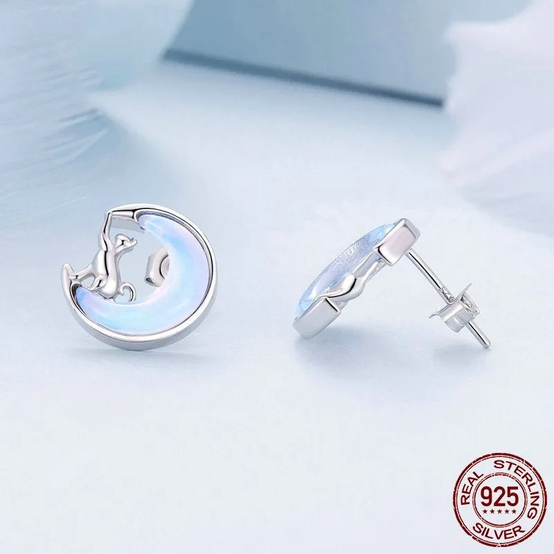 925 silver moon cat stud earrings with cute animal zodiac design