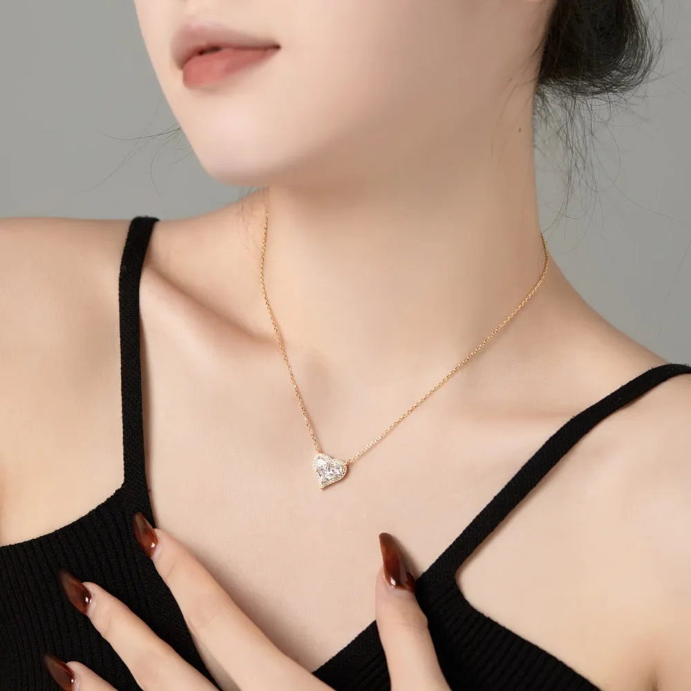 925 silver heart-shaped pendant necklace with zircon stones, electroplated finish, women's light luxury jewellery