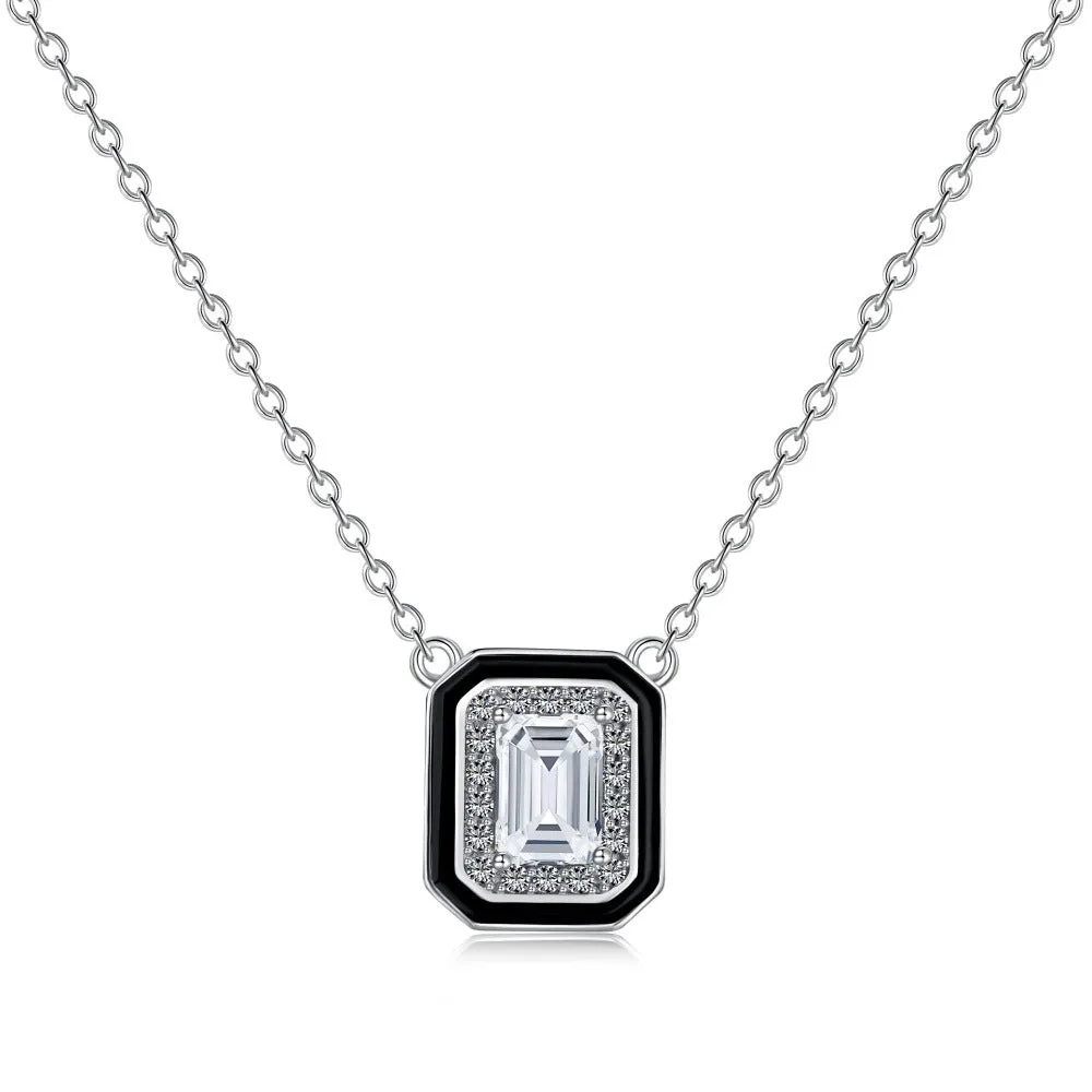 Women's 925 silver rectangular zircon fashion necklace with blue stone pendant on white background