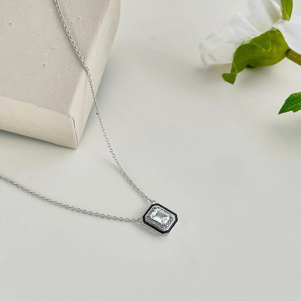 Women's 925 silver rectangular zircon fashion necklace with blue stone pendant on white background