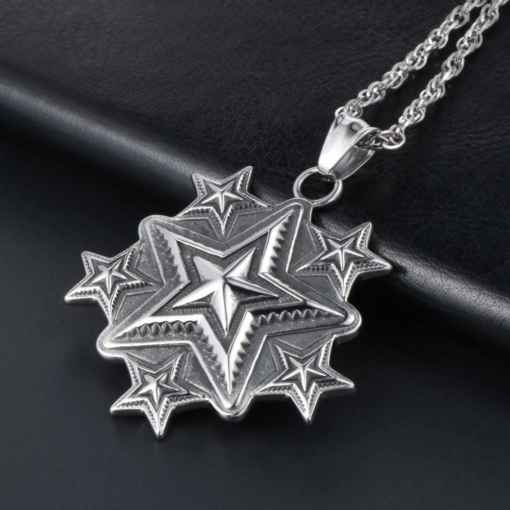 Men's polished stainless steel retro five-pointed star pendant on alloy chain 50cm or 60cm length