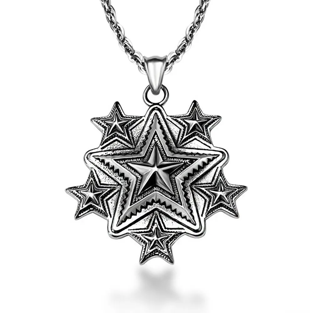 Men's polished stainless steel retro five-pointed star pendant on alloy chain 50cm or 60cm length