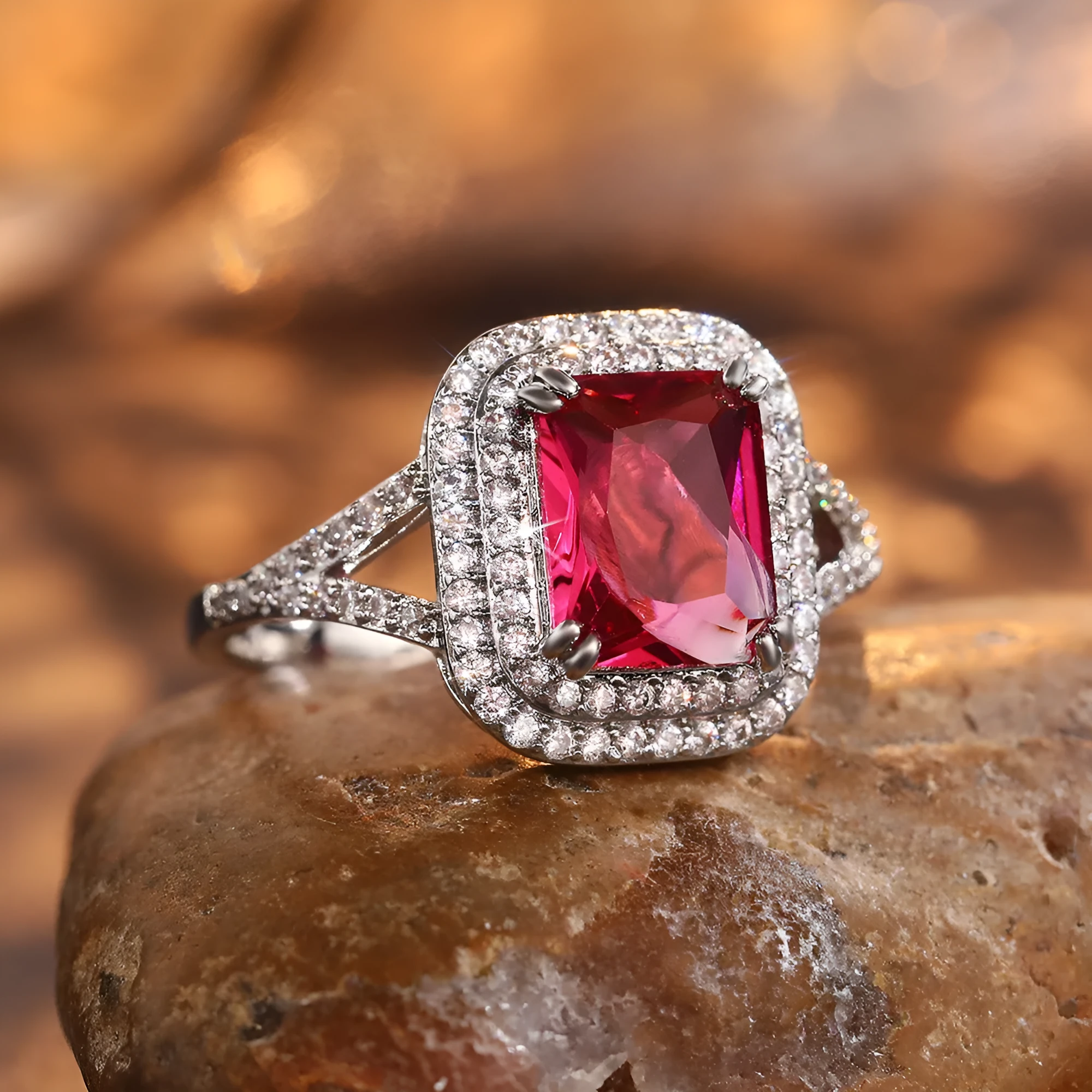 Square geometric copper princess ring for women with red F827 colour rhinestones.