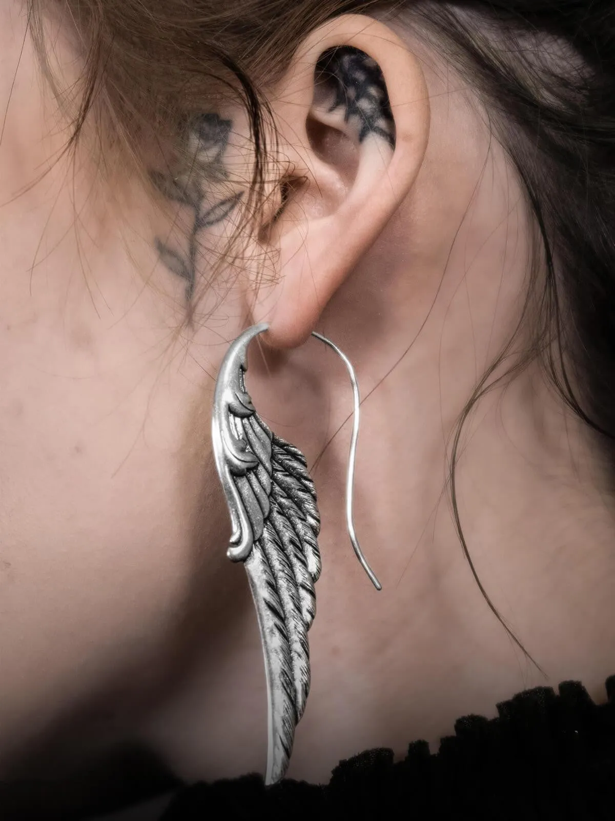 Fashion exaggerated angel wings pendant earrings in antique silver alloy with electroplated finish