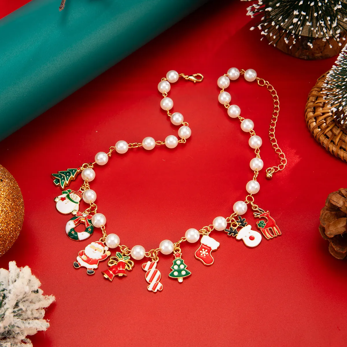 Gold Christmas tree candy snowman pendant necklace on clavicle chain for women