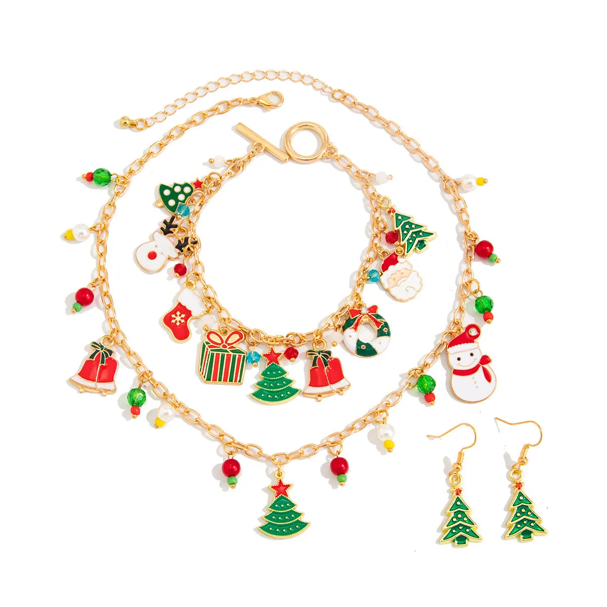 Gold Christmas tree candy snowman pendant necklace on clavicle chain for women