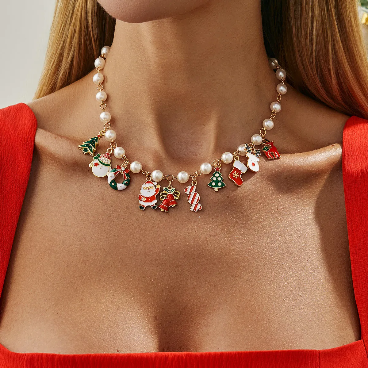 Gold Christmas tree candy snowman pendant necklace on clavicle chain for women