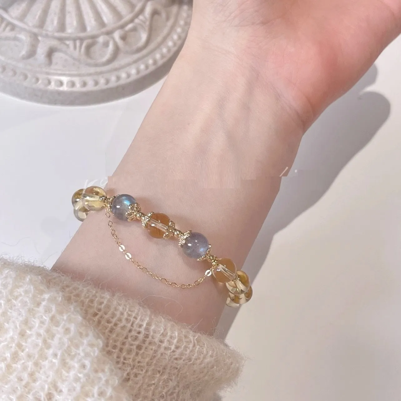 Chinese style women's crystal bracelet with electroplated 14K gold gilding and citrine moonstone centrepiece