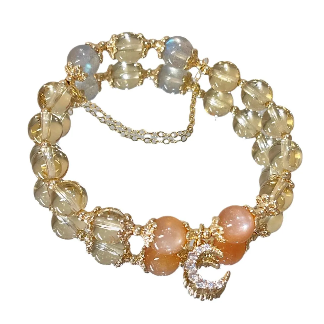 Chinese style women's crystal bracelet with electroplated 14K gold gilding and citrine moonstone centrepiece